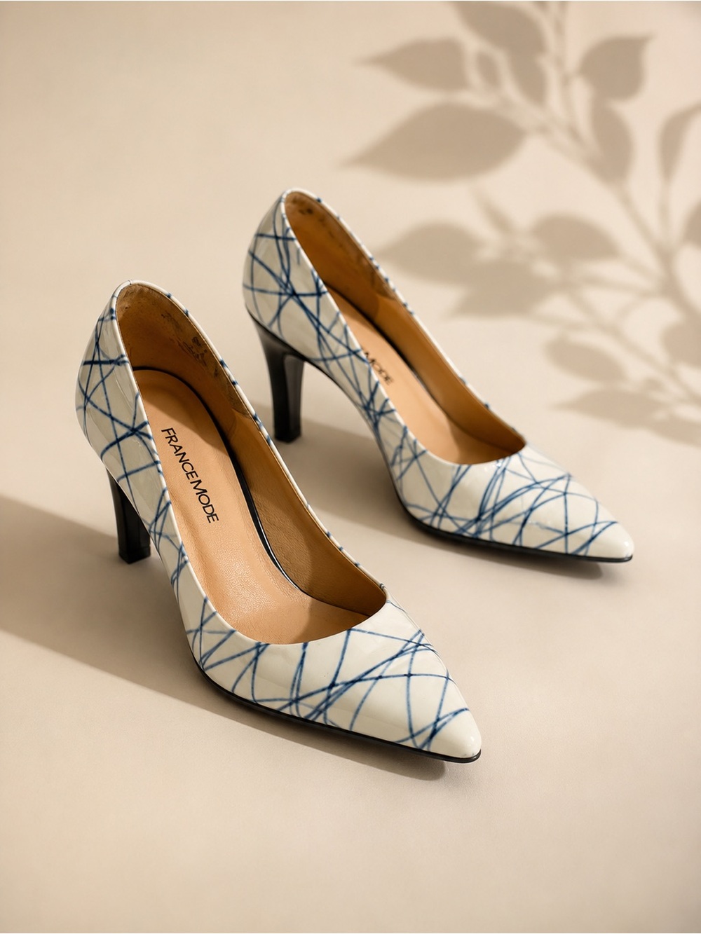 White Pointed-Toe Heels with Blue Scribble Pattern